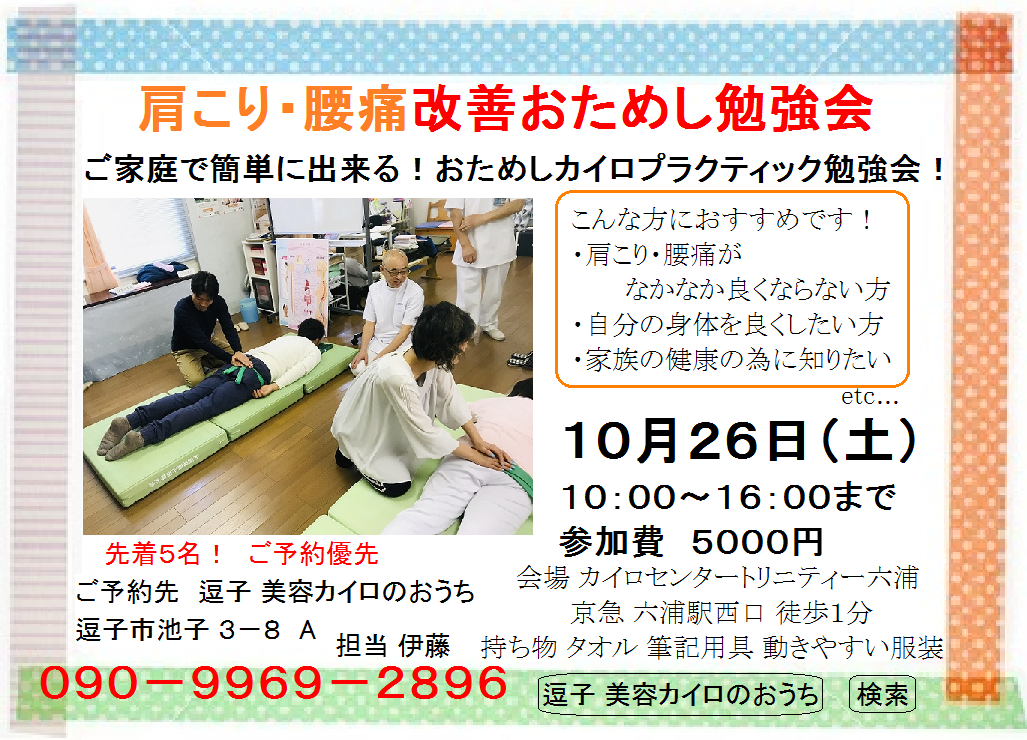 肩こり 腰痛改善 おためし勉強会 逗子 美容カイロのおうち 逗子 横浜 横須賀 肩こり 腰痛 エステ